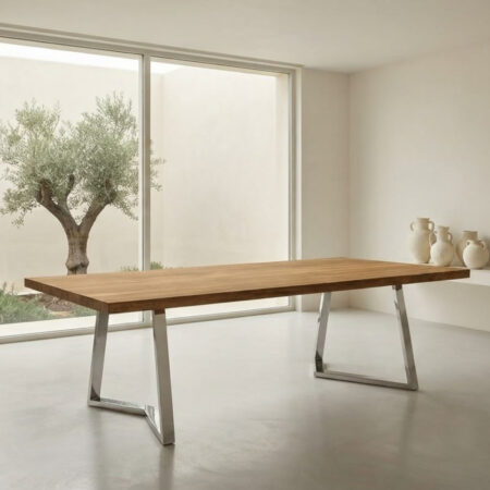 Mesa Comedor Top de Teca Natural Base acero inoxidable